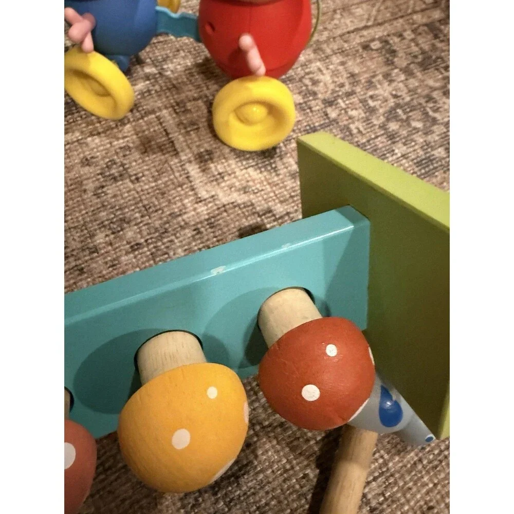 Toddler toy lot- Mentari Wooden mushroom Hammer Toy and Peppa Pig Pull Toy Tomy